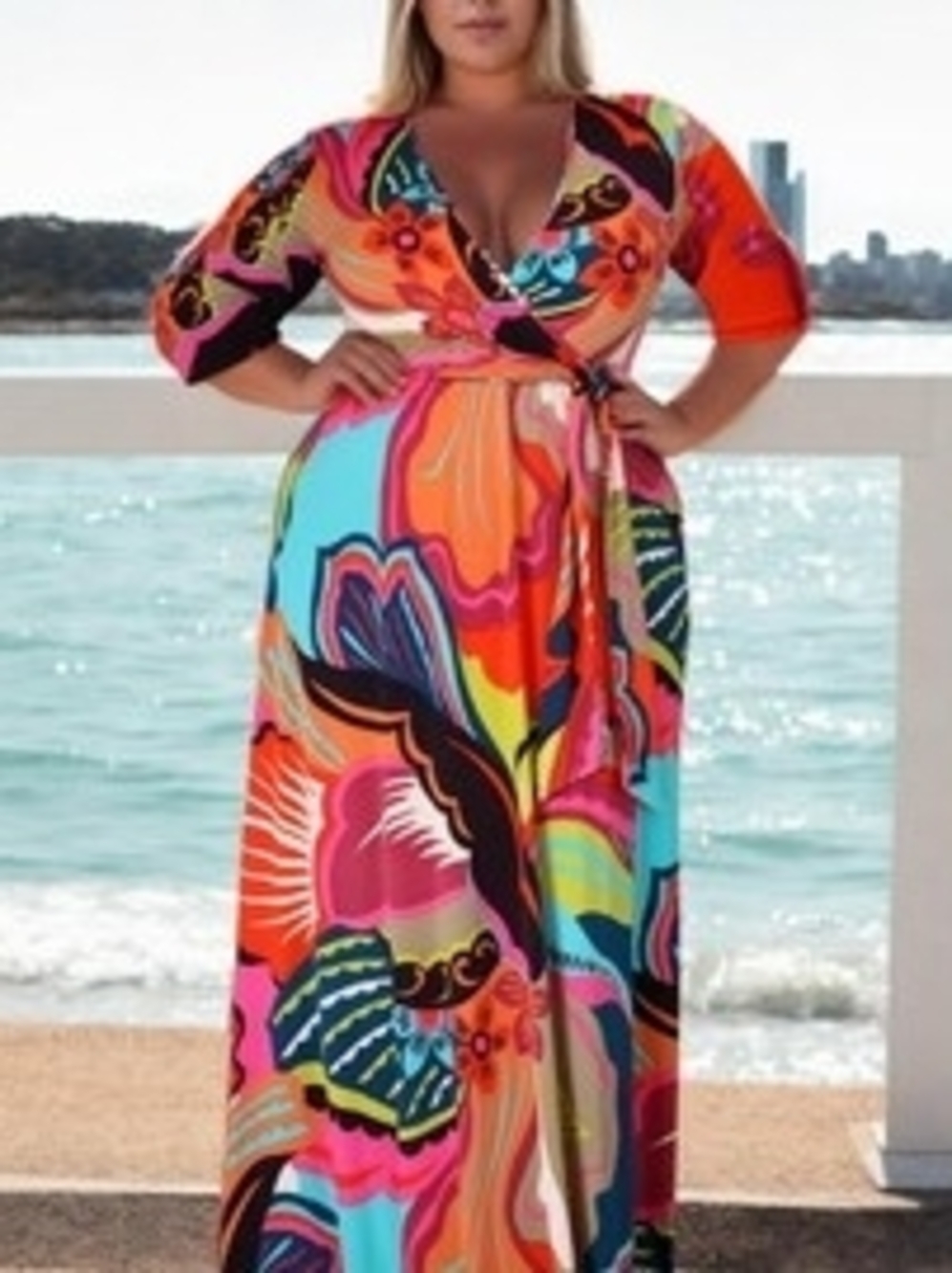 Plus-Size Multicolor Floral Wrap Maxi Dress